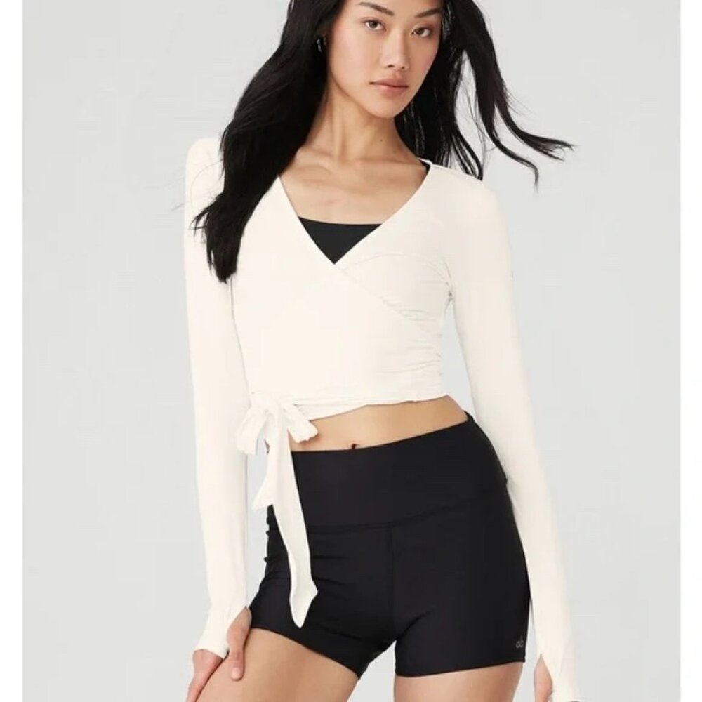 Alo Escalate Long Sleeve Ballet Wrap Top, Cream
